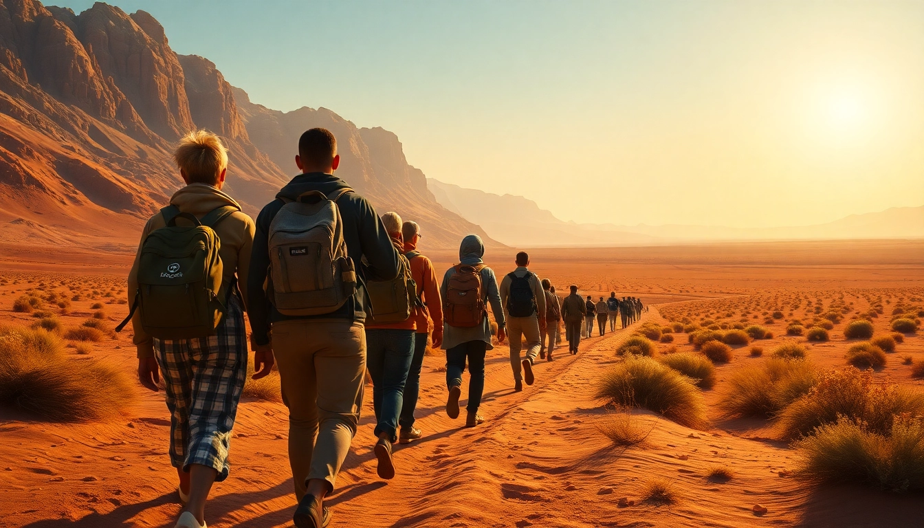 Travelers on an inspiring exodus journey through a beautiful desert landscape.