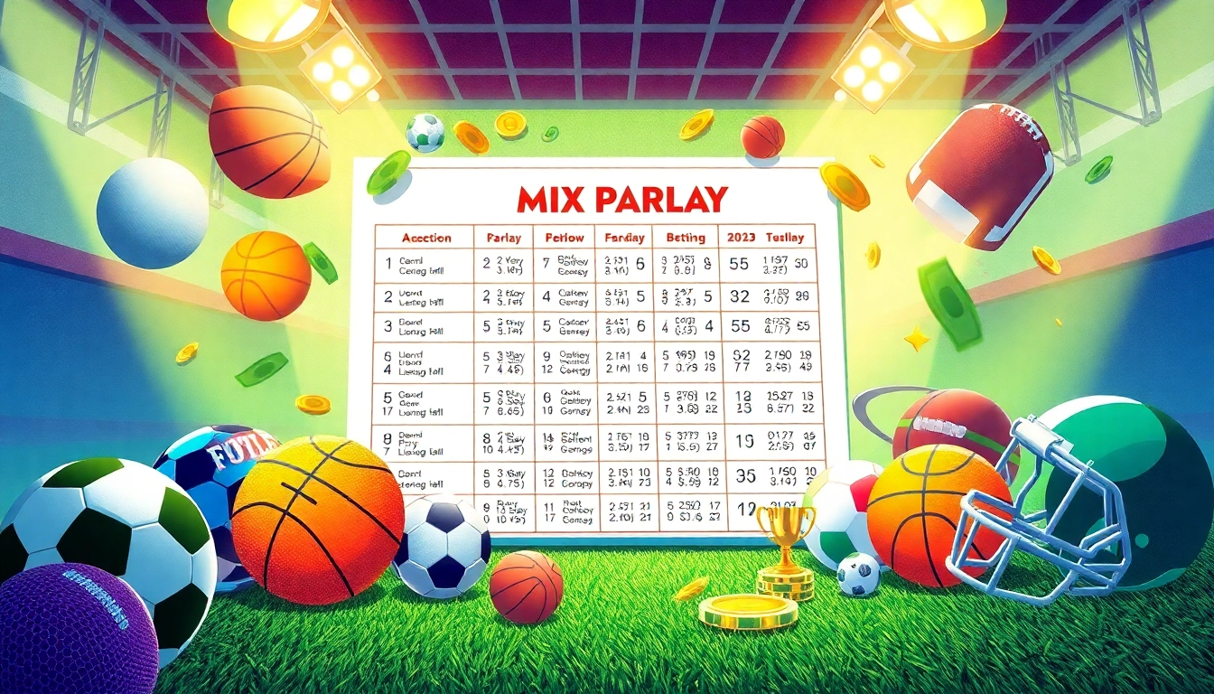 Exciting mix parlay sports betting scene with equipment and betting slip.