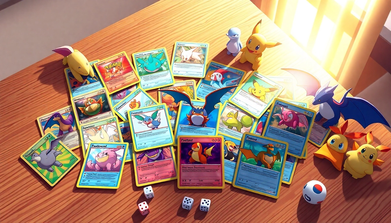 Display a collection of real pokemon cards on a wooden table, highlighting their vibrant designs and textures.