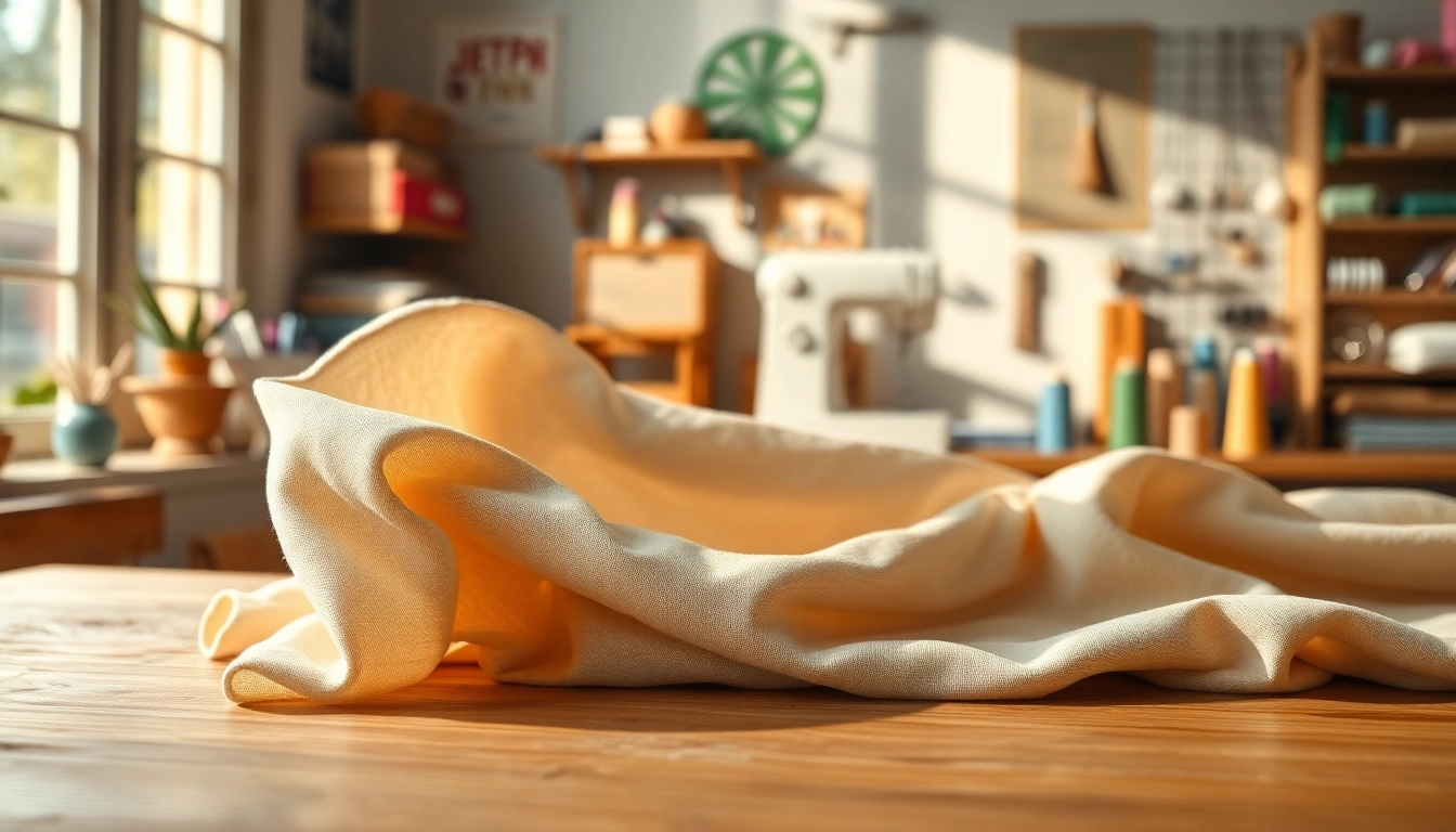 Katoen stof mooi gedrapeerd op een houten tafel met creatief werkomgeving op de achtergrond.
