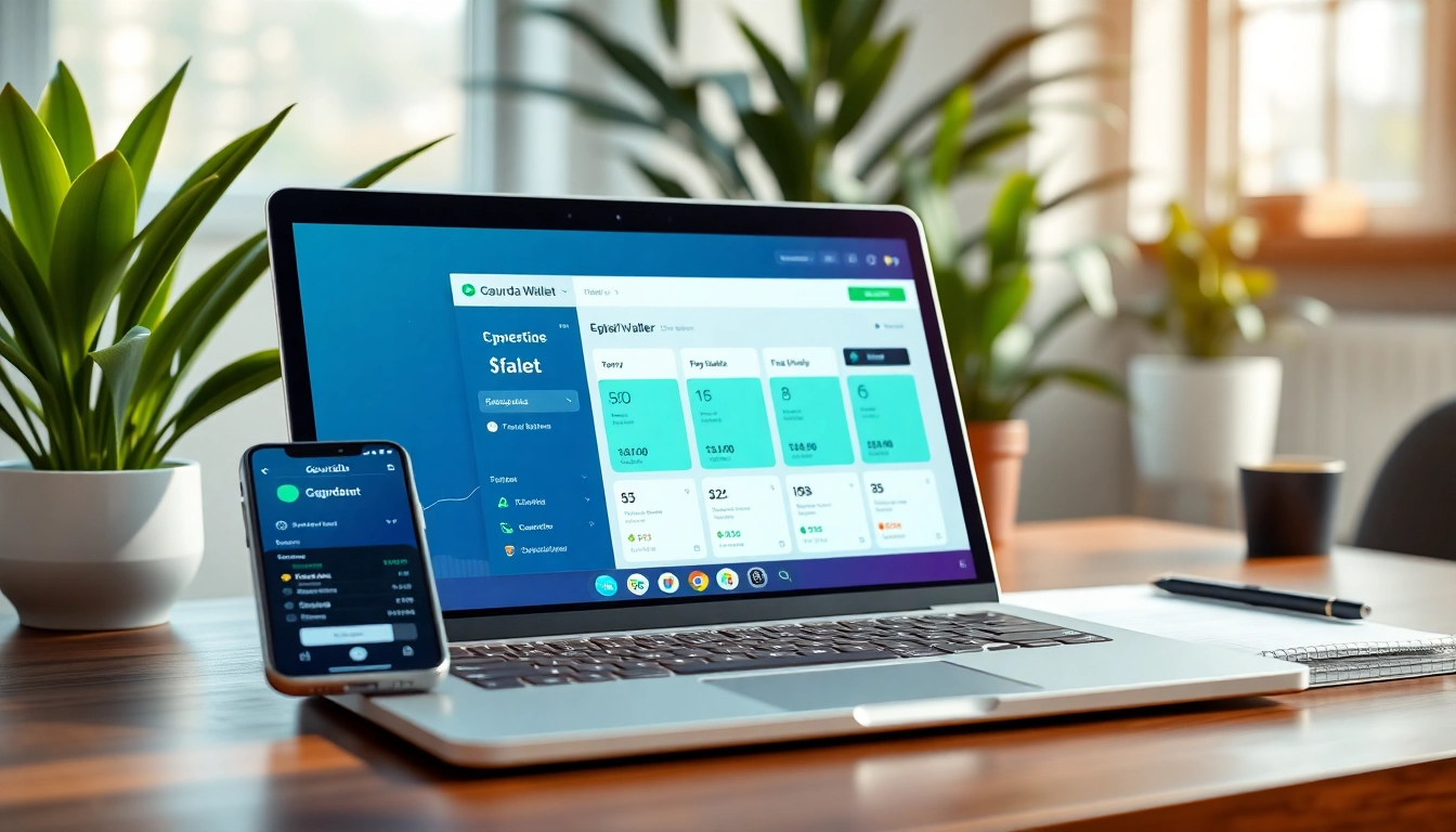 Illustration of gaurda wallet interface on a laptop and smartphone, emphasizing secure transaction features.
