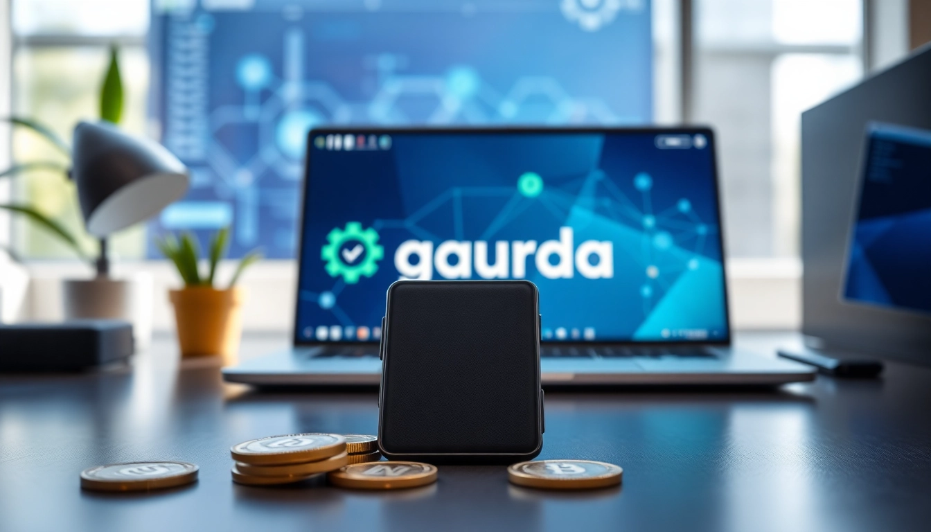 Interact with the gaurda wallet on a sleek digital interface amidst a modern workspace.