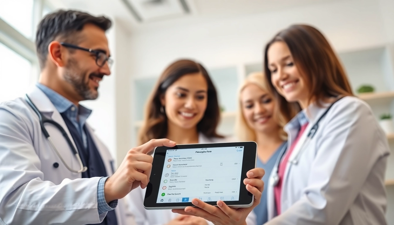 Engaging interaction with eprescription apps for ios in a modern clinic setting showing efficiency.