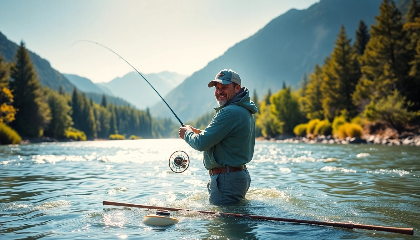 Engaging in fly fishing lessons near me in a picturesque river, showcasing casting techniques.