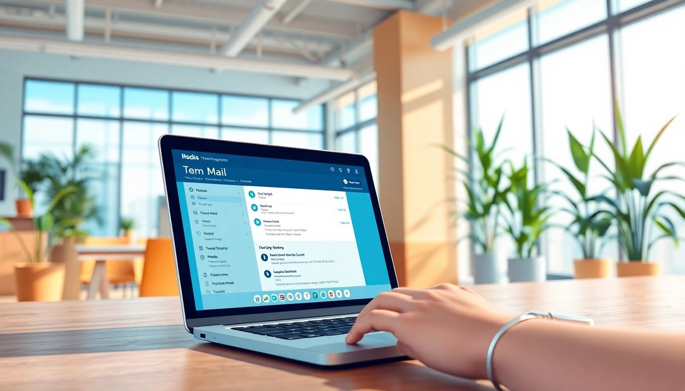 Using temp mail in a modern workspace with a laptop interface displaying email.