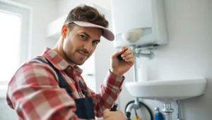 Plumbing expert inspecting a water heater with tools and fixtures in a well-lit home setting.