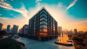 Architekturvisualisierung eines modernen Stadtbildes mit futuristischem Gebäude im Vordergrund.